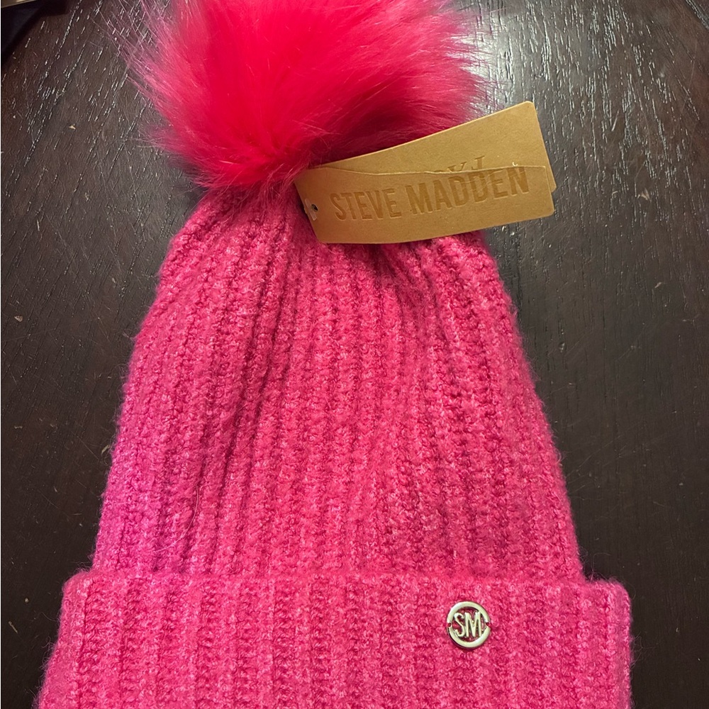 Steve Madden Vibrant Pink Knit Hat with Pom